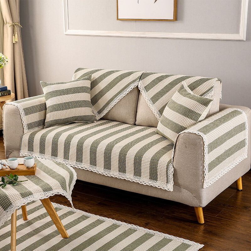 【全店3件7折】清凉一夏，条纹绿色沙发垫让家居焕新颜